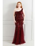 One-Shoulder-Blumengitter-Mesh-Kleid mit Pailletten in Burgund