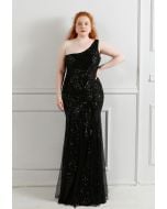 One-Shoulder-Netzkleid mit Blumengitter und Pailletten in Schwarz