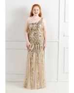 Ein-Schulter-Blumengitter-Mesh-Kleid mit Pailletten in Gold