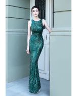 Rückenfreies Blumengitter-Kleid mit Pailletten in Smaragdgrün
