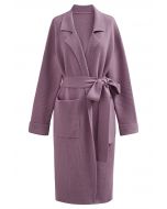 Lang geschnittener Strick-Cardigan mit Reverskragen und Gürtel in Mauve