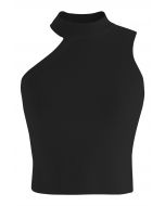 Asymmetrisches Neckholder-Strick-Crop-Top in Schwarz