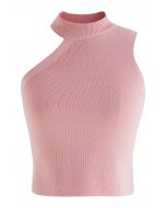 Asymmetrisches Neckholder-Strick-Crop-Top in Pink