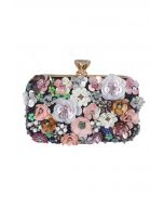 Handgemachte Perlen-Pailletten-Clutch mit Blumenmuster in Schwarz