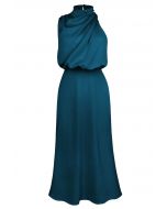 Ärmelloses Kleid mit asymmetrischem Rüschenausschnitt in Blaugrün