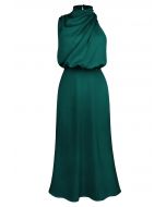 Ärmelloses Kleid mit asymmetrischem Rüschenausschnitt in Dunkelgrün