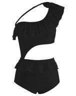 Rüschen-Badeanzug mit One-Shoulder-Ausschnitt in Schwarz