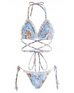 Bikini-Set mit botanischem Muster und Spitzenbesatz