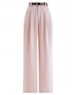 Satin-Hose mit geradem Bein und Kunstledergürtel in Rosa