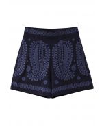 Vintage bestickte Shorts mit hoher Taille in Marineblau