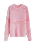 Streifengeprägter, durchbrochener Strickpullover in Rosa