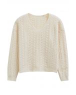 Pointelle-Strickpullover mit V-Ausschnitt in Creme