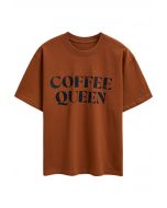 Bedrucktes Baumwoll-T-Shirt „Coffee Queen“ in Karamell