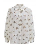 Strukturiertes Button-Down-Hemd mit Floret-Print in Creme