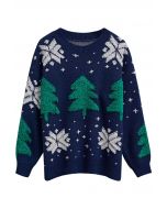 Jacquard-Strickpullover mit Weihnachtsbaum und Schneeflocken in Indigo