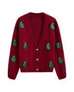 Cardigan mit Knöpfen und Pailletten-Weihnachtsbaum-Patch in Rot