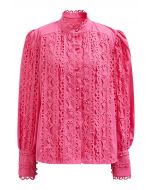 Exquisites Cutwork-Blasenärmel-Knopfhemd in Pink