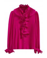 Rüschen-Romance-Chiffon-Hemd mit Knöpfen in Pink