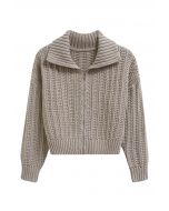 Hochgeschlossener Grobstrick-Cardigan mit Reißverschluss in Khaki