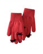 Fingerloch-Strickhandschuhe mit Schleifendekor in Rot