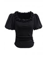 3D Flowers Neckline Bubble Sleeve Ruched Crop Top in Black