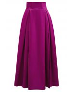 High-Slit Seamed Waist Pleated Satin Maxi Skirt in Magenta