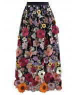 3D Floral Applique Mesh Tulle Maxi Skirt in Black