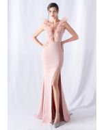 Organza-Rüschenbesatz-Satin-Meerjungfrauenkleid mit Schlitz in Rosa