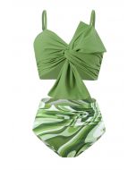 Gerafftes Bikini-Set mit Knoten vorne und grünem Aufdruck