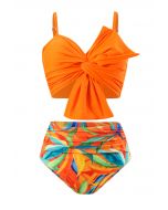Gerafftes Bikini-Set mit Knoten vorne und orangefarbenem Aufdruck