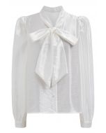 Strukturiertes Satin-Hemd mit Schleife zum Selbstbinden in Weiß
