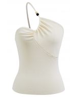 Perlenbesetztes One-Shoulder-Stricktop in Creme