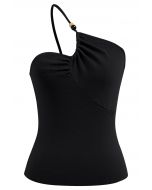 Perlenbesetztes One-Shoulder-Stricktop in Schwarz