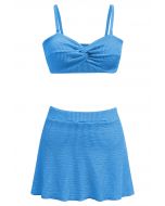 Dreiteiliges Bikini-Set mit gewellter Textur und Twist in Blau