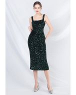 Glitzerndes Camisole-Kleid aus geschlitztem Samt mit Pailletten in Dunkelgrün