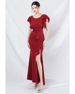 Glamouröses Meerjungfrauenkleid mit Schlitz und Rüschenbesatz in Rot