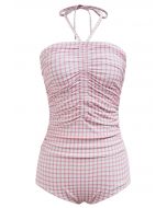 Neckholder-Badeanzug mit Gingham-Muster und Kordelzug in Rosa