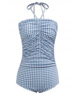 Neckholder-Badeanzug mit Gingham-Muster und Kordelzug in Blau