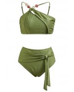 Bikini-Set mit asymmetrischen Trägern und Schleife aus Kunstharzperlen in Armeegrün