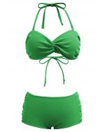 Neckholder-Bikini-Set mit verdrehtem Detail und seitlicher Rüsche in Grün