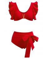 V-förmiges Rüschen-Bikini-Set mit Metallbesatz in Rot