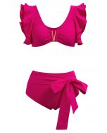 V-förmiges Rüschen-Bikini-Set mit Metallbesatz in Pink