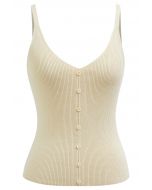 Mit Knöpfen verziertes, geripptes Strick-Tanktop in Creme