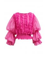 Kurzes Chiffon-Top mit Puffärmeln und Rüschenbesatz in Magenta