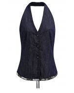 Neckholder-Top aus Denim mit Knopfleiste und Paillettensaum