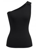 U-förmiges One-Shoulder-Stricktop mit Metalldekor in Schwarz