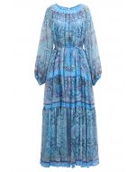 Mystic Garden – Maxikleid mit Puffärmeln und Rüschen in Blau