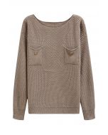 Mit Knöpfen verzierte Taschen-Waffel-Strickpullover in Khaki