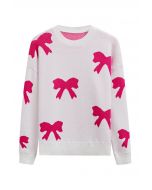 Rosa Jacquard-Strickpullover mit Cartoon-Schleife