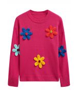 Farbenfroher Strickpullover mit 3D-Stichblumen in Pink